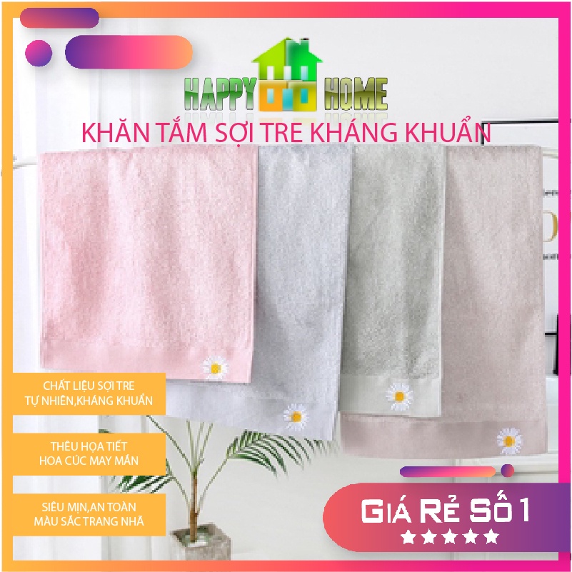 Khăn Tắm,Khăn Sợi Tre Kháng Khuẩn Khổ 34cm X 76cm Thêu Hoa Cúc