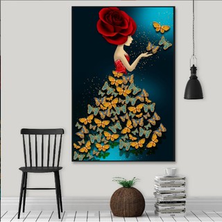 Tranh đơn canvas nghệ thuật cô gái hoa hồng CV1980 và Bộ 3 tranh Canvas trừu tượng hiệu ứng CV037