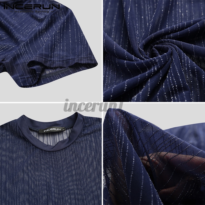 Áo INCERUN Tay Ngắn Lưới Xuyên Thấu Họa Tiết Sọc Dành Cho Nam