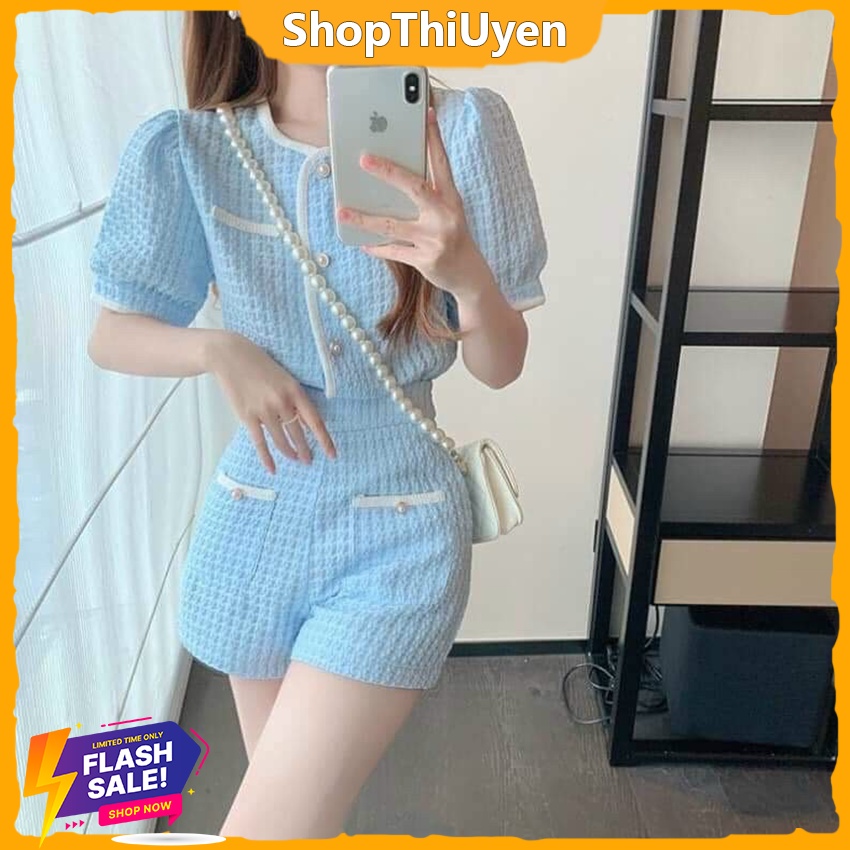 Set bộ nữ vải gấm áo dạ cổ tròn tay ngắn mix quần short cạp cao sang trọng