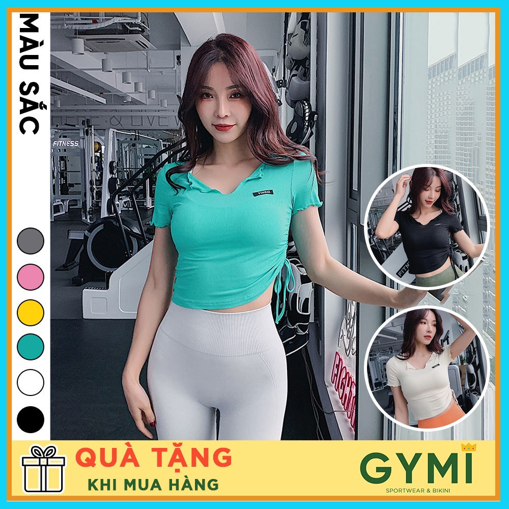 Áo tập gym yoga nữ ngắn tay GYMI AC19 dáng croptop thể thao Yimriz chất liệu thun gân co giãn ôm body rumba