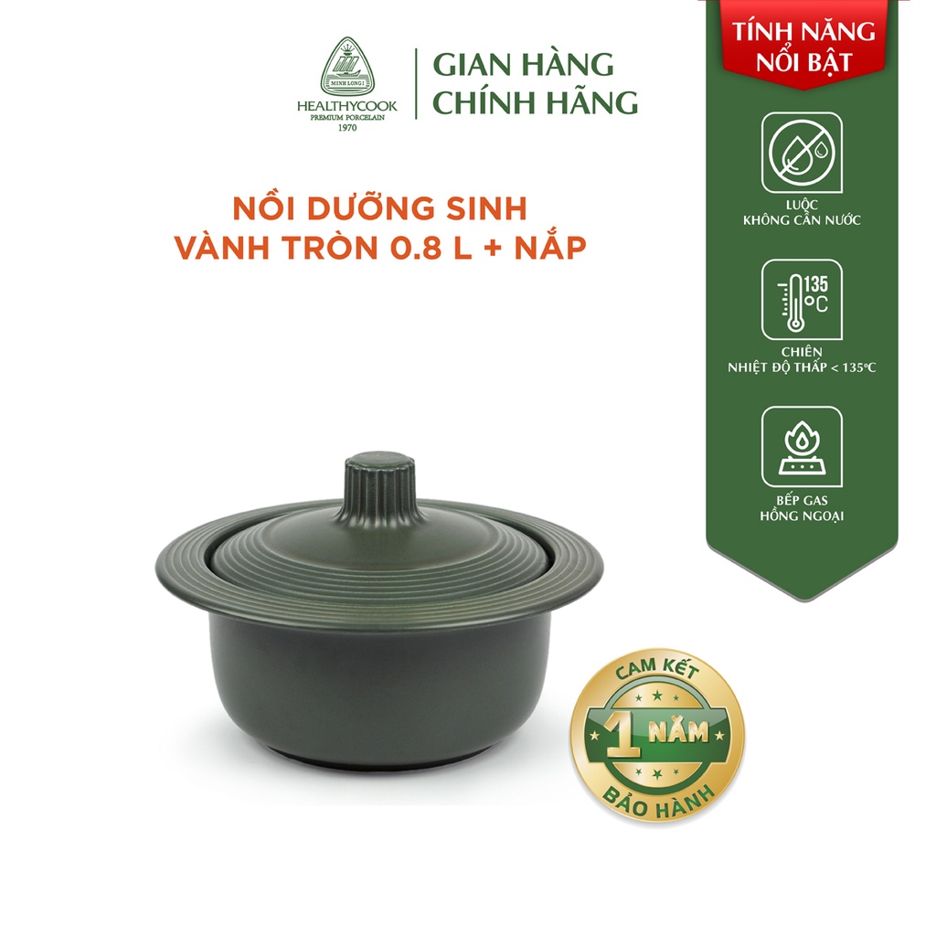 Nồi sứ dưỡng sinh Minh Long vành tròn 0.8 L + nắp dùng cho bếp gas, bếp hồng ngoại, không dùng cho bếp từ