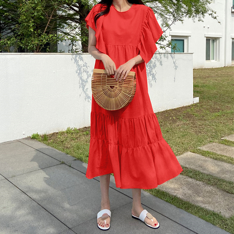 Đầm Maxi ZANZEA Dáng Xòe Tay Ngắn Xếp Nếp Nhiều Lớp Kiểu Gợn Sóng Dành Cho Bạn Nữ | BigBuy360 - bigbuy360.vn