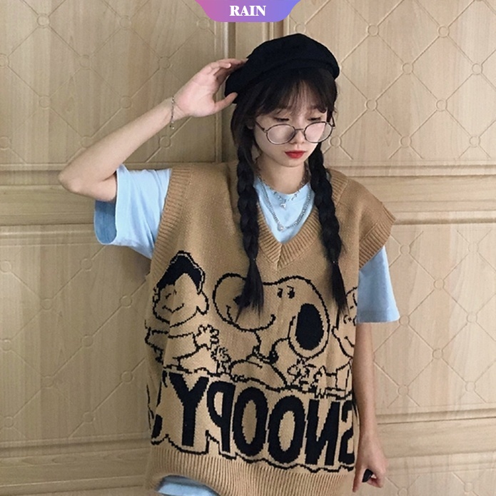 Áo Sweater Sát Nách Cổ Chữ V Dáng Rộng In Hình Nhân Vật Hoạt Hình Snoopy Đáng Yêu Cho Nữ