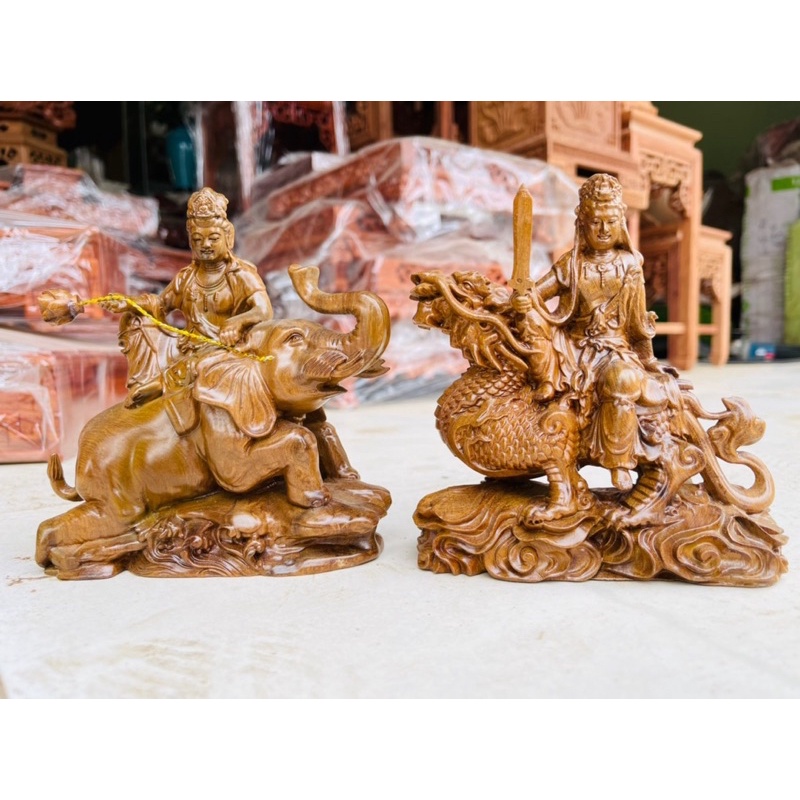 Bộ tượng văn thù sư lợi & phổ hiền bồ tát gỗ bach xanh