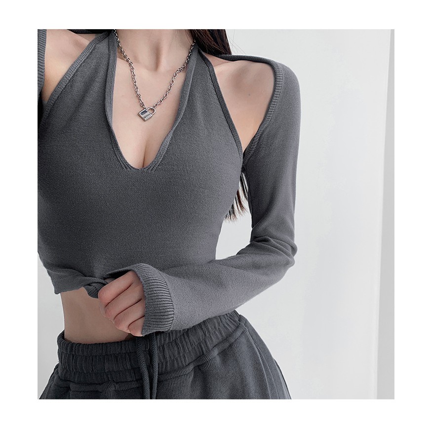 Áo Dệt Kim Cổ Yếm Dáng Ngắn Thiết Kế Quyến Rũ Thời Trang Cho Nữ