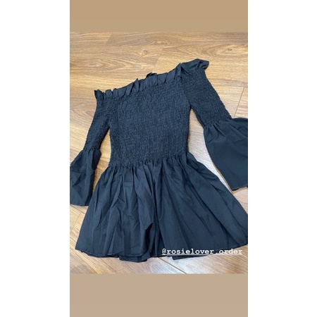 Áo kiểu ngắn nữ trễ vai tay loe peplum trơn đen chun eo - Order taobao quảng châu