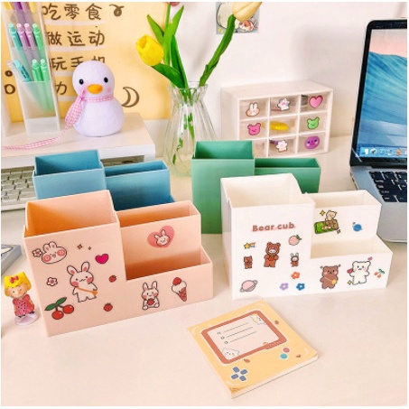 Ống Cắm Bút 3 Ngăn Chữ Nhật Có Cài Điện Thoại Xinh Xắn Trang Trí Bàn Học Kệ Đựng Mỹ Phẩm 3 Tầng