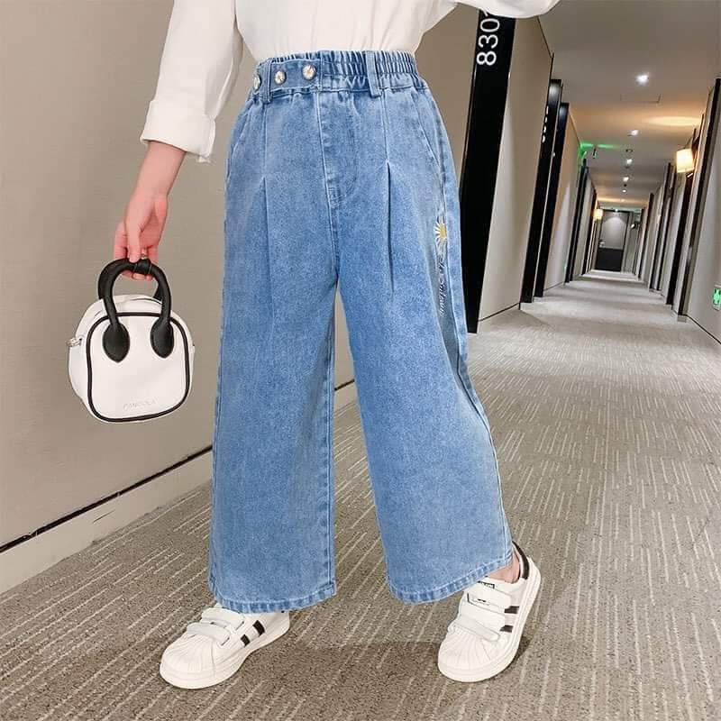 Quần jeans ống xuông thêu hoa cúc thời trang sành điệu cho bé gái