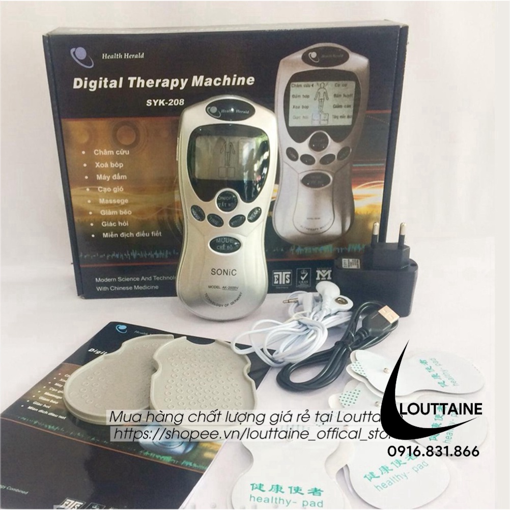 Máy massage xung điện Digital Therapy Machine SYK-208 kèm 4 miếng dán vật lý trị liệu mát xa châm cứu bấm huyệt cầm tay