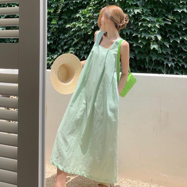 Đầm 2 dây bản to dáng dài, váy bầu bí đi biển phom rộng màu xanh lá cây mát mẻ hàng đẹp trendy - nội y xanh