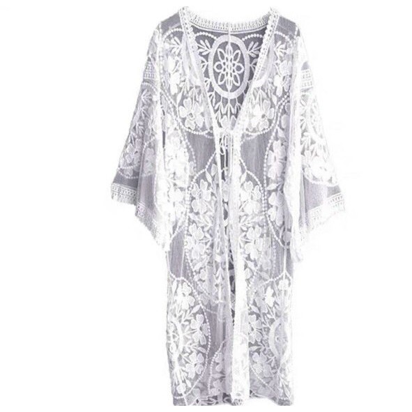 Áo choàng kimono dáng dài ren hoa tròn đi biển