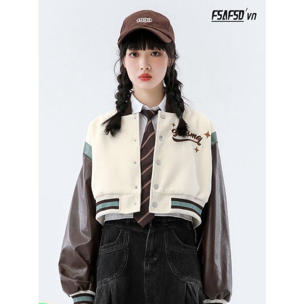 Áo Khoác Bóng Chày Ngắn Thêu Chữ Và Hoa Hồng Phong Cách Retro Mỹ Kiểu Mới