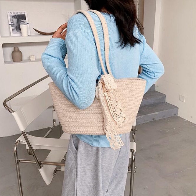 Thủ công dệt dệt kim Phong cách cổ điển Bông dây thừng Túi rơm Nữ Túi xách thời trang cho phụ nữ (bao gồm dải băng)