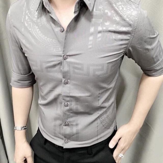 Áo sơ mi nam màu xám họa tiết hoa văn