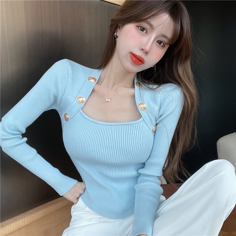 Áo dệt kim XIAOZHAINV tay dài cổ vuông 5 màu tùy chọn thời trang cho nữ
