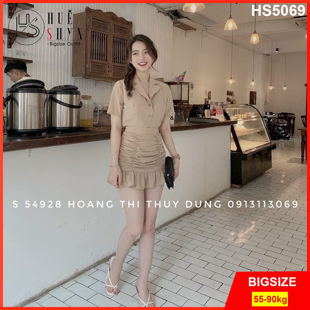 Set bộ quần áo bigsize nữ 55-90kg - sét áo sơ mi cổ vest + chân váy nhún bigsize HS5069- màu đen trắng nude cam xanh rêu