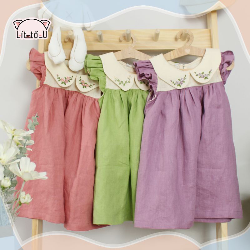 Váy Linen Premium - tay cánh tiên cổ áo thêu tay cho bé gái LÍT_TỒ U