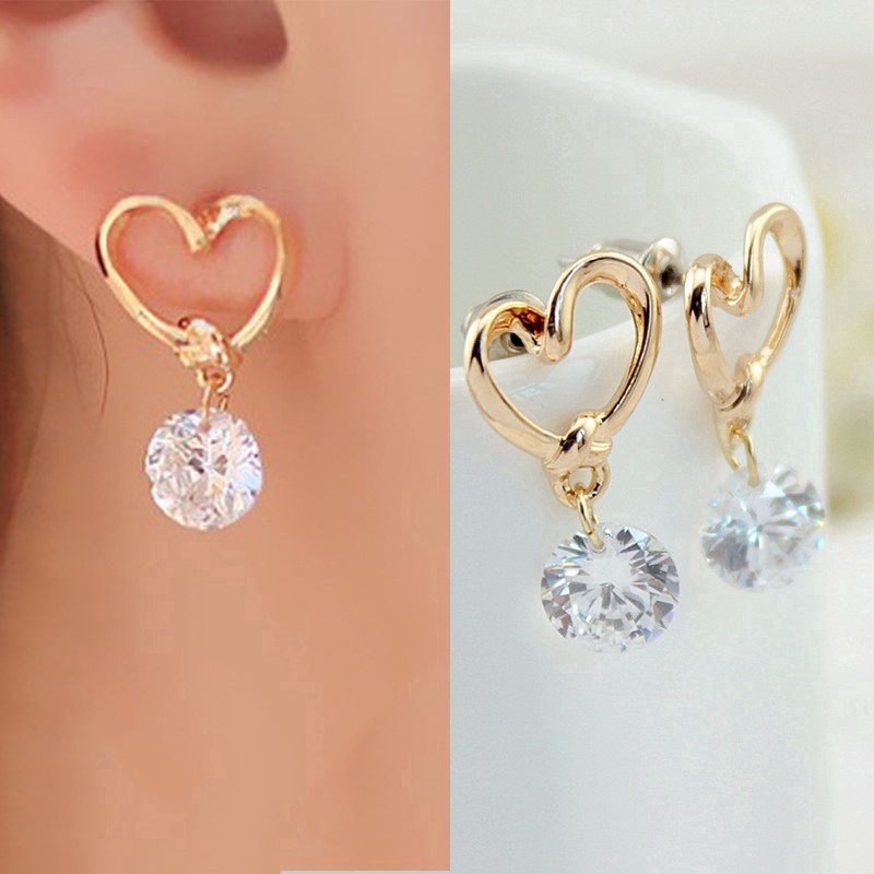 Bông tai hợp kim hình tim đính đá kiểu dáng Hàn Quốc