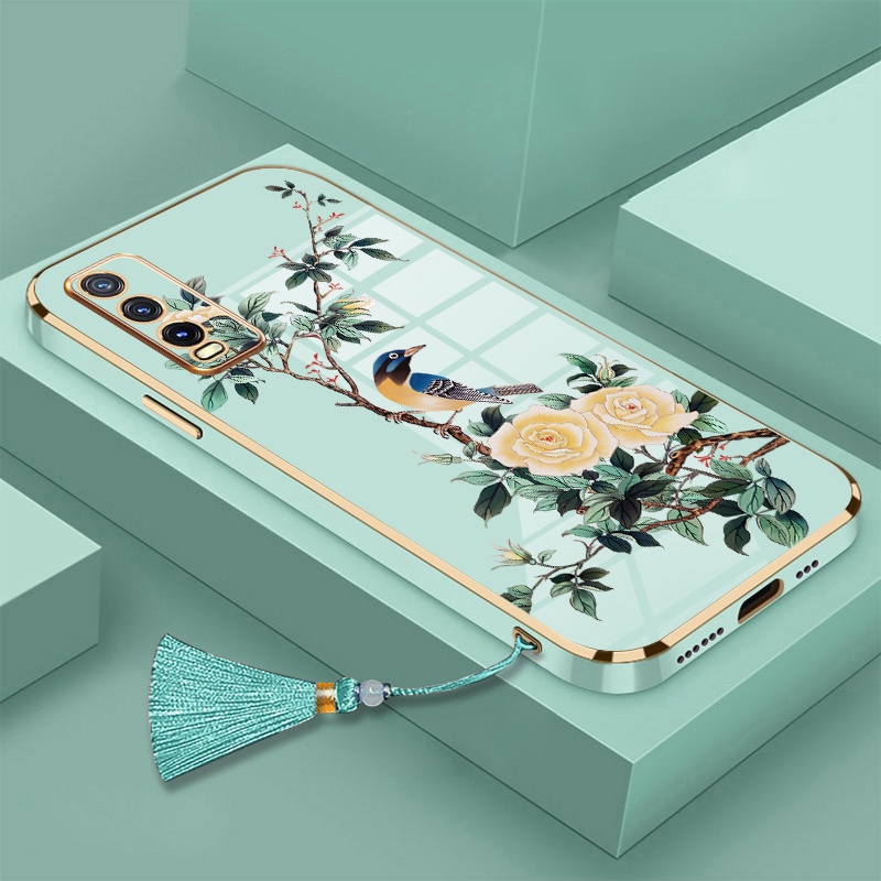 Ốp Điện Thoại Silicon Mềm Mạ Điện Họa Tiết Hoa Và Chim Có Dây Đeo Cho vivo y50 y30