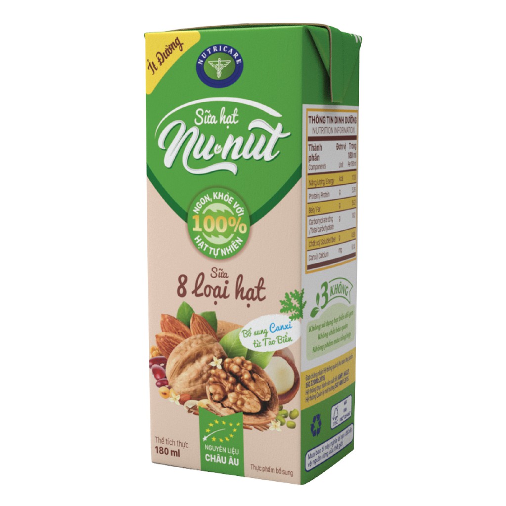 Thùng sữa hạt tự nhiên ít đường Nutricare Nunut (180ml x 48 hộp)