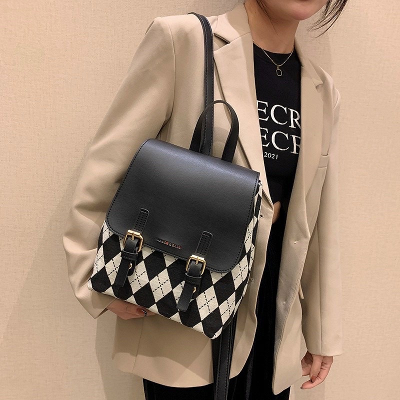 Balo nữ hoạt tiết kẻ caro vintage cài nắp tiện lợi size 25cm