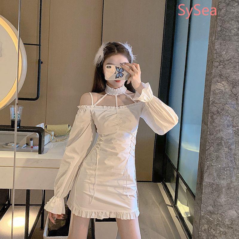 Đầm trễ vai màu trắng phong cách retro Pháp cho nữ tùy chọn kích thước