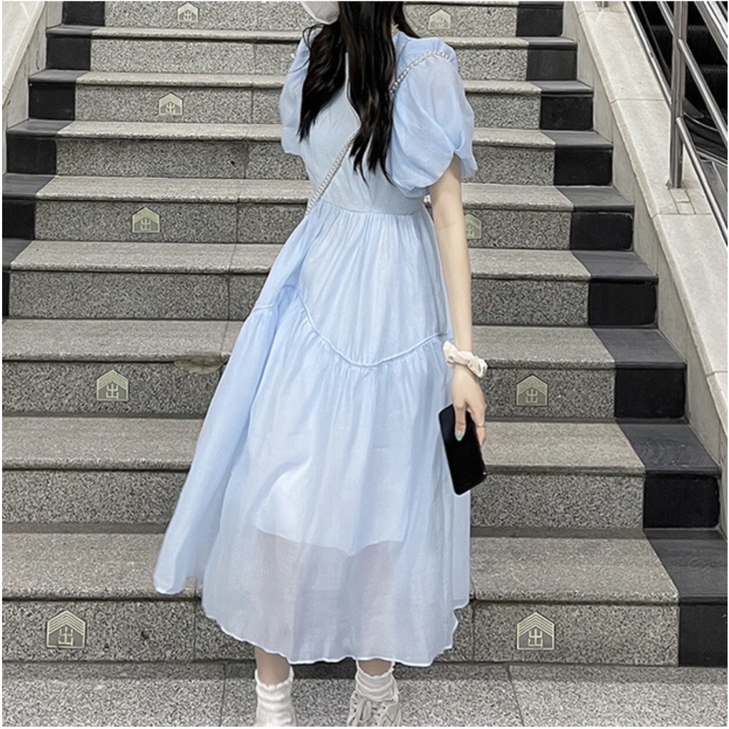 Đầm babydoll voan tầng 2 lớp tay bồng siêu xinh -Váy babydoll cổ tròn dáng dài