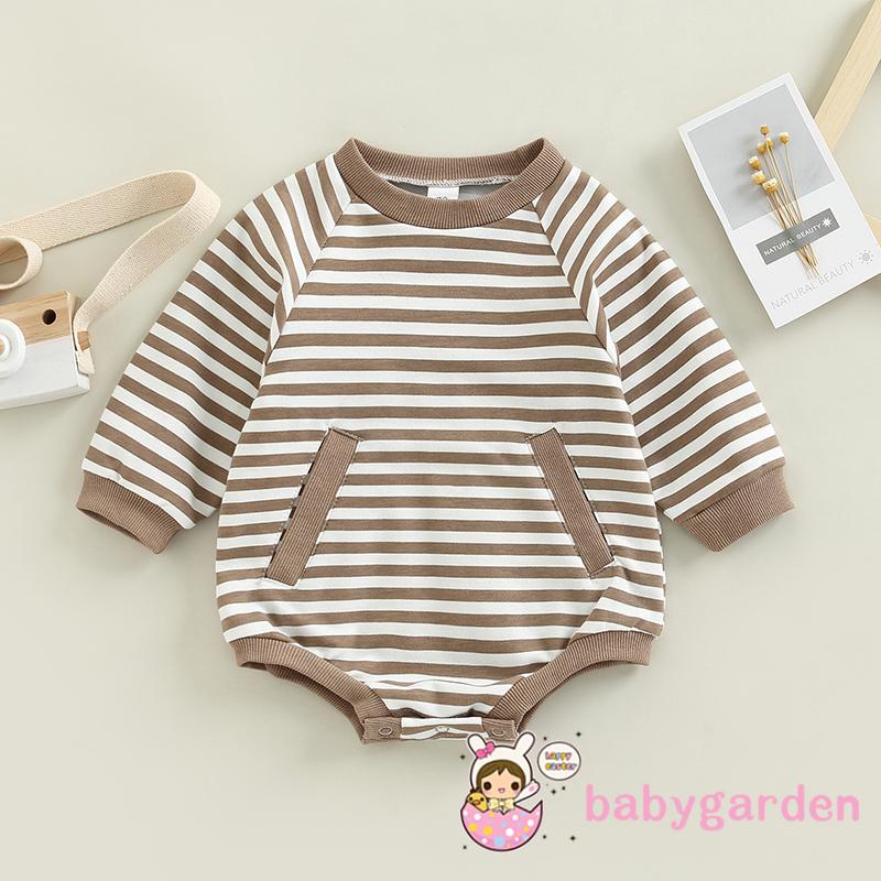 Bộ Áo Liền Quần Dài Tay Cổ Tròn Kẻ Sọc Phối Túi Thời Trang Mùa Xuân Cho Bé Trai 3-24 Tháng Tuổi