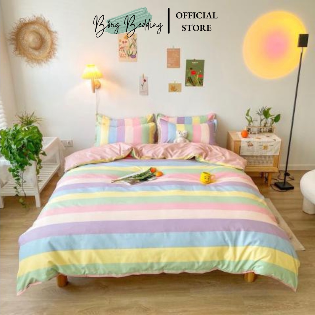 Bộ chăn ga Cotton Poly chăn ga Hàn Quốc Mẫu Kẻ đủ size miễn phí bo chun