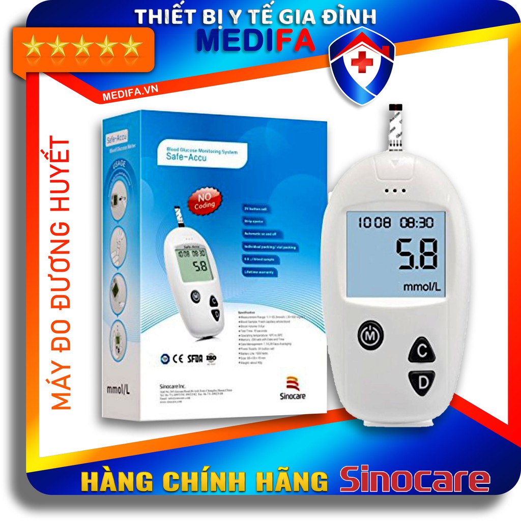 Máy Đo Đường Huyết Safe-Accu SINOCARE Chính Hãng  Bảo Hành Trọn Đời ⭐ tặng bút chích máu ⭐ thiết kế nhỏ gọn, dễ sử dụng