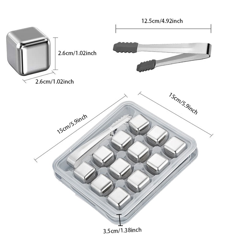 Bộ 12 Món Dụng Cụ Làm Đá Bằng Thép Không Gỉ Có Thể Tái Sử Dụng Kèm Đầu Silicone &amp; Kẹp Gắp