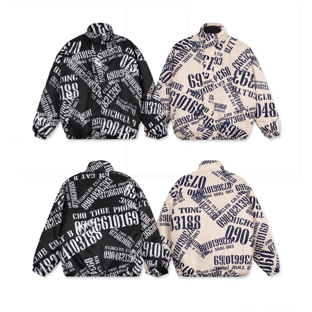 Áo Bomber TEXT NUMBER Unisex màu Beige và Đen vải dù cổ đứng có chần bông HIGHCLUB Brand Chính Hãng