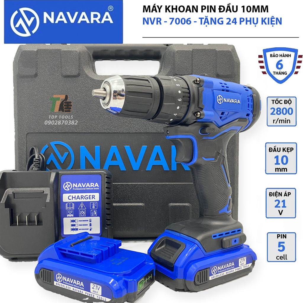 May khoan pin, Máy khoan pin Navara 7006, Kèm bộ phụ kiện 24 chi tiết, Pin 21v 5 cell
