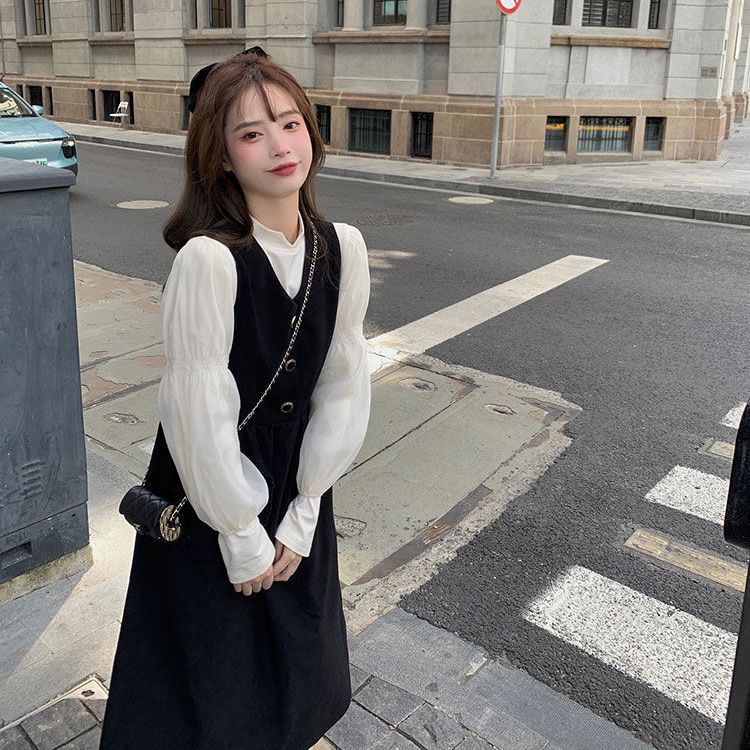 Set Áo Sơ Mi Và Đầm Yếm Phong Cách Retro Thời Trang Mùa Thu 2022 Cho Nữ