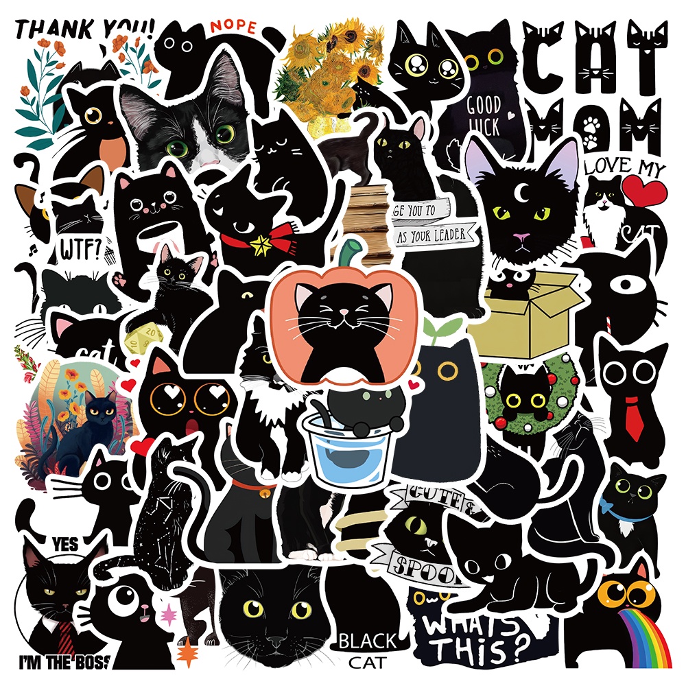 Bộ 10/50 Sticker Dán Hình Mèo Đen Chống Thấm Nước