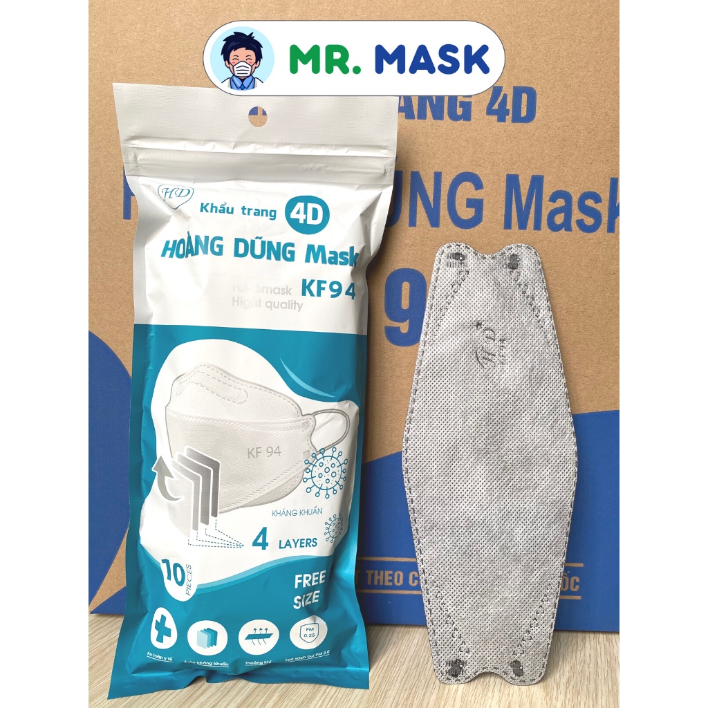 Khẩu Trang 4D Mask KF94 Hoàng Dũng Mask Chính Hãng Thùng 300 Cái, 4 Lớp Kháng Khuẩn, Kháng Bụi, Tiêu Chuẩn Hàn Quốc