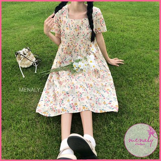 Váy babydoll hoa nhí xuông nữ dáng rộng mẫu váy kiểu dáng hàn quốc cổ vuông tay bồng