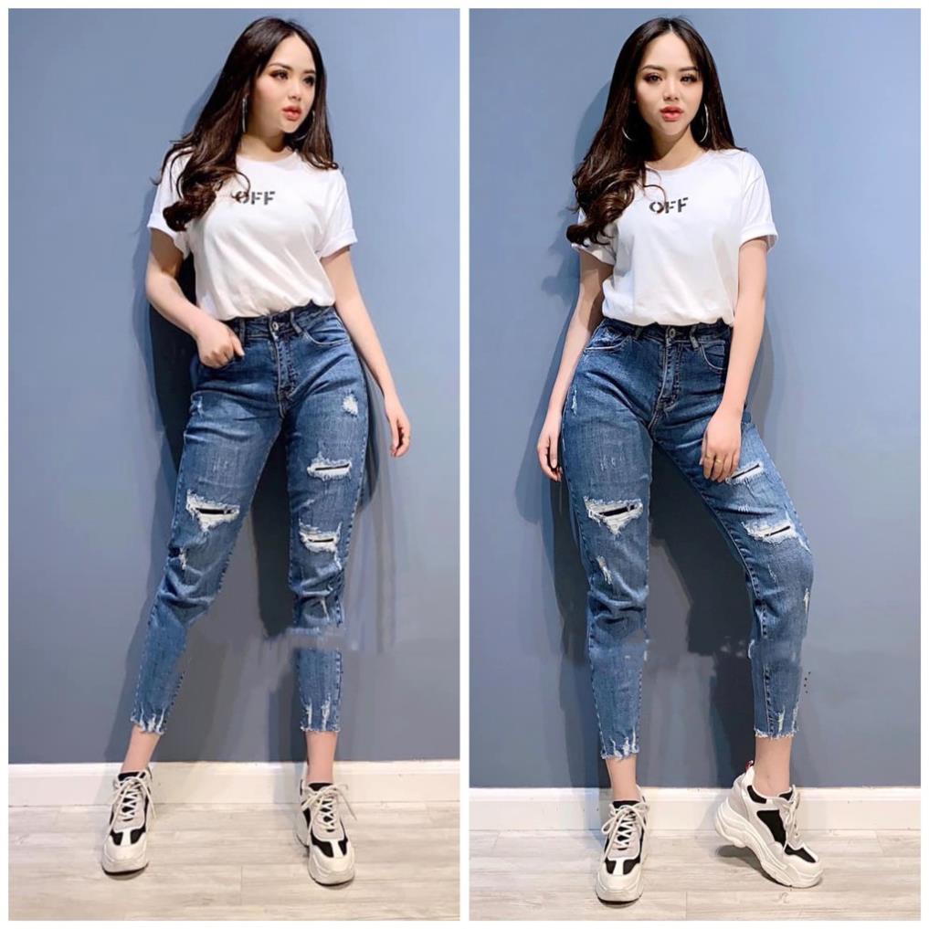 Quần jean dài 9 tấc BIG SIZE rách vá lưng cao co dãn mạnh 2436 ❕