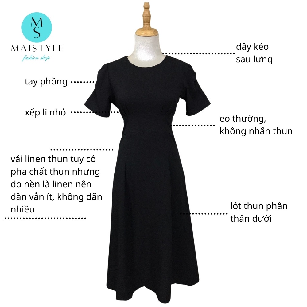 Váy trắng đen MAISTYLE đầm nữ công sở dự tiệc dáng dài qua gối xinh thiết kế đẹp tay phồng cao cấp xòe midi vải linen | BigBuy360 - bigbuy360.vn