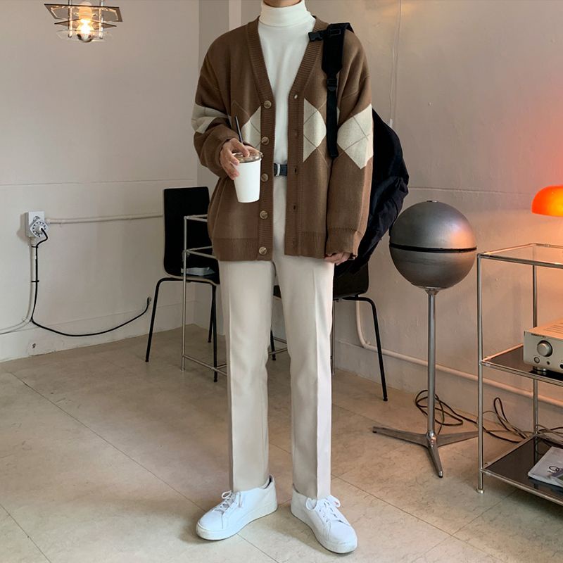 Áo khoác len Cardigan Thu Đông thiết kế MRCYC cho nam màu nâu cổ điển phối kẻ ô