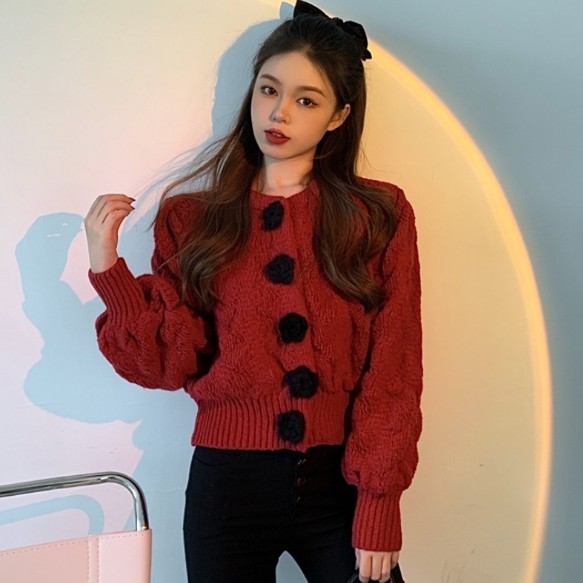 Áo len tay bồng nhẹ xinh cúc hoa cổ tròn phong cách hàn quốc len móc Quảng Châu xinh xỉu | BigBuy360 - bigbuy360.vn