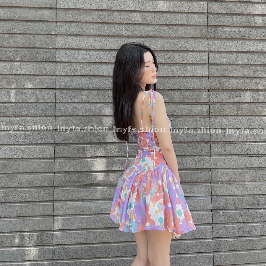 💙 Váy 2 dây xòe hoa nhí xếp li dáng ngắn nhà INY