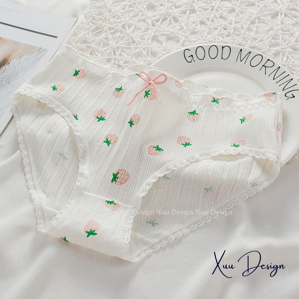 Quần lót cotton nữ Wexuu Design, Quần lót nữ chất cotton phối viền ren họa tiết dâu nơ dễ thương QC31