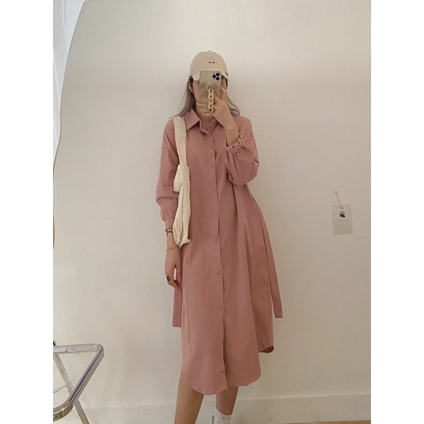 Váy sơmi trơn dáng suông dài tay kèm đai