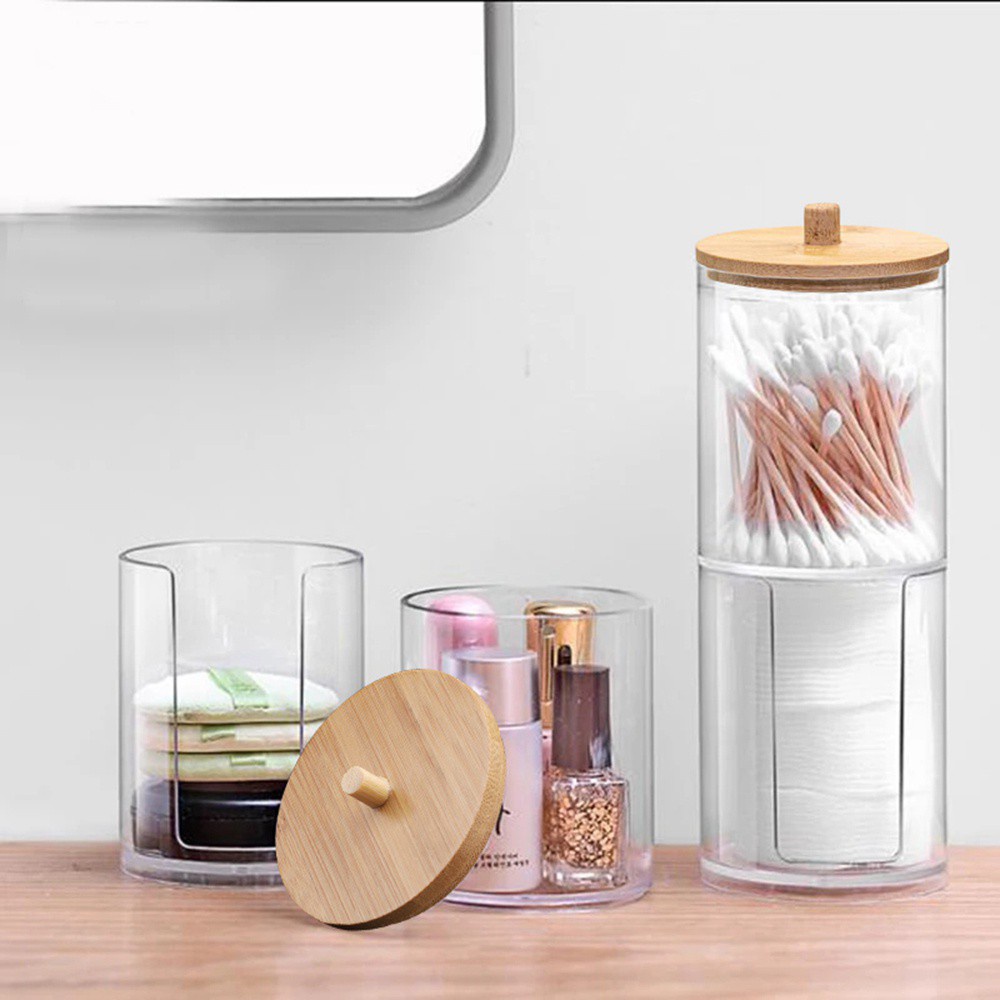 Hộp đựng tăm bông / bông tẩy trang chất liệu tre + acrylic đa năng tiện lợi