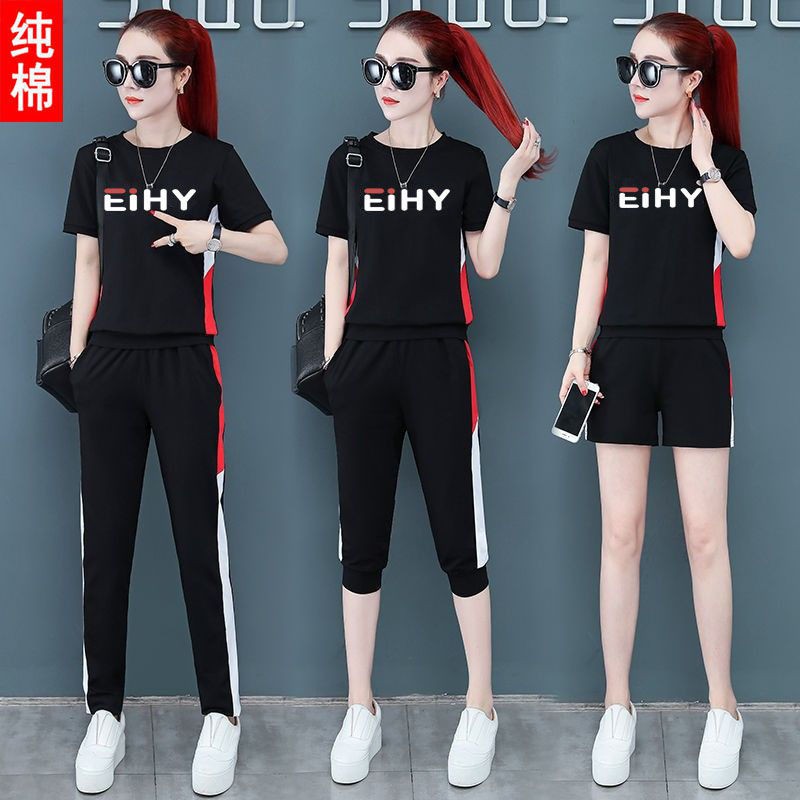 95 cotton plus size quần tây ngắn tay cắt xén phù hợp với phụ nữ mùa hè 2021 phong cách Hàn Quốc mới bộ đồ hai mả