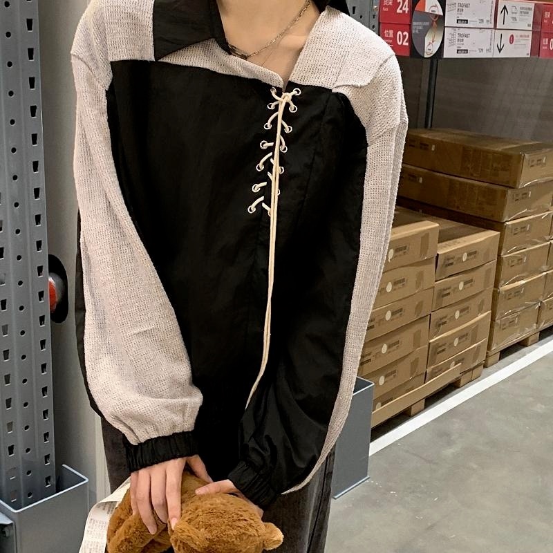 Áo Sweater chui đầu tay dài cổ bẻ phối ren thiết kế lệch tà kiểu Hàn Quốc mới cho nữ