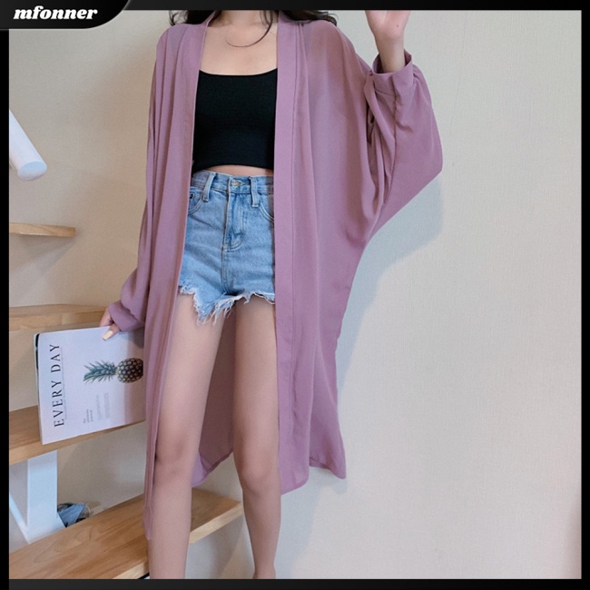 Áo Khoác Cardigan Chiffon Tay Phồng Dài Qua Gối Màu Sắc Trơn Thoáng Khí Thời Trang Đi Biển Cho Nữ