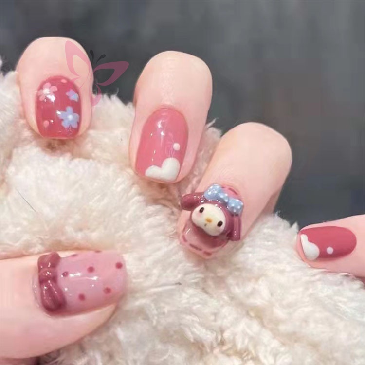 Set 24 Miếng Dán Móng Tay Giả Họa Tiết Chấm Bi Dễ Thương Dành Cho Học Sinh